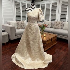 Rene Ruiz Champagne One-Shoulder Gown